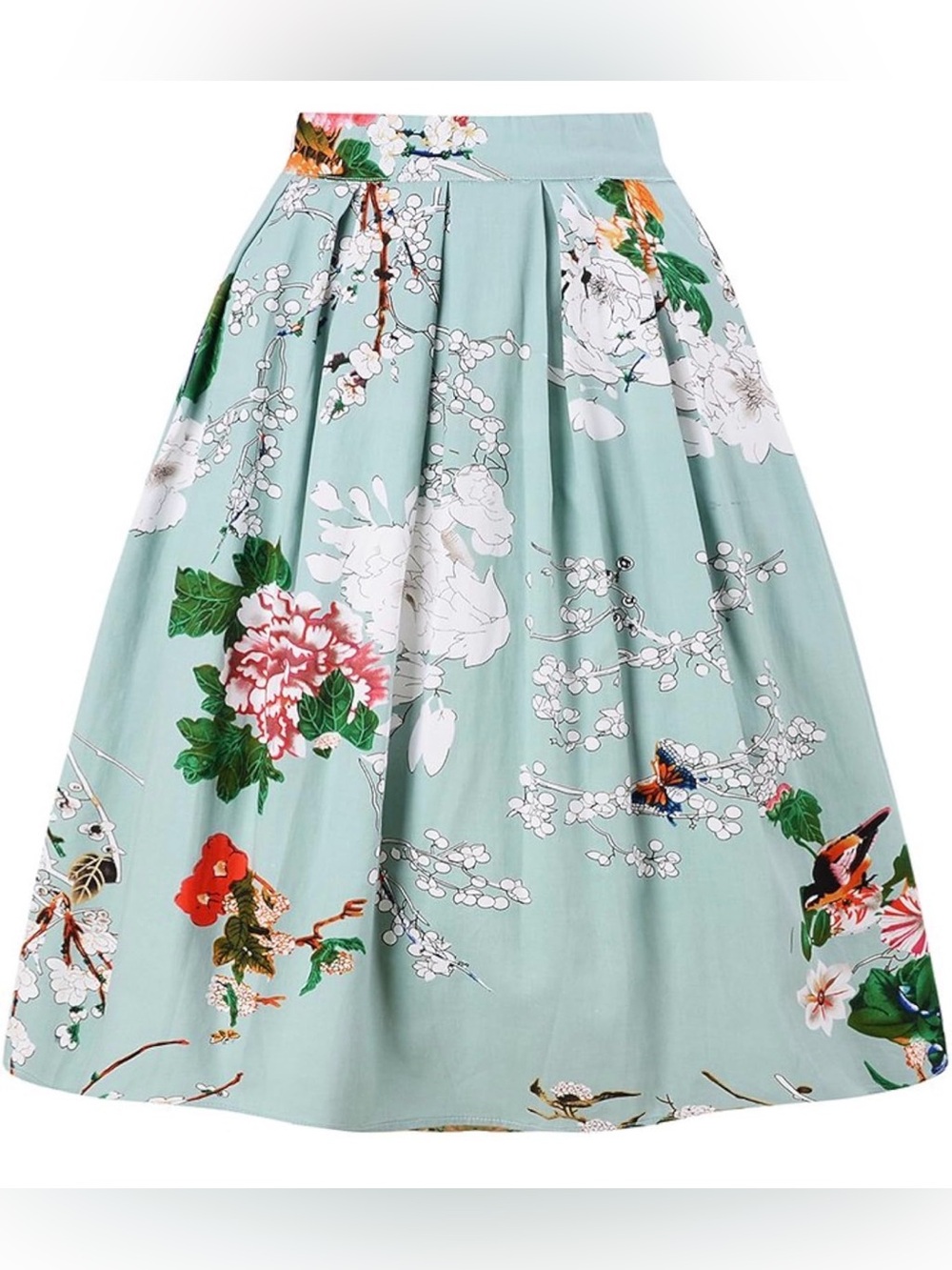 FLORAL SKIRT RETRO 50s STYLE AQUA MINT A-LINE PLEATED MIDI SKIRT SIZE MEDIUM NWT - Picture 3 of 3
